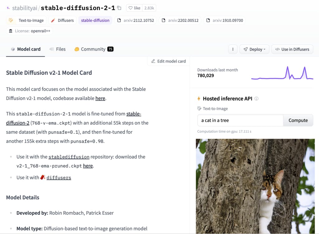 A card card on hugging face showing the attributes of the Stable Diffusion 1.2 model.